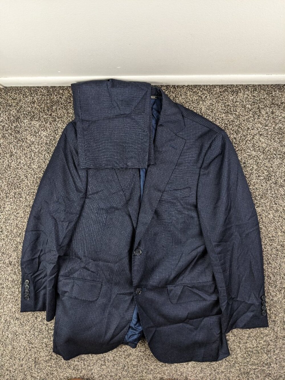 Jack Victor Elite Suit 38S Super 110s Reda Italian Wool Checked Navy Blue 32x28